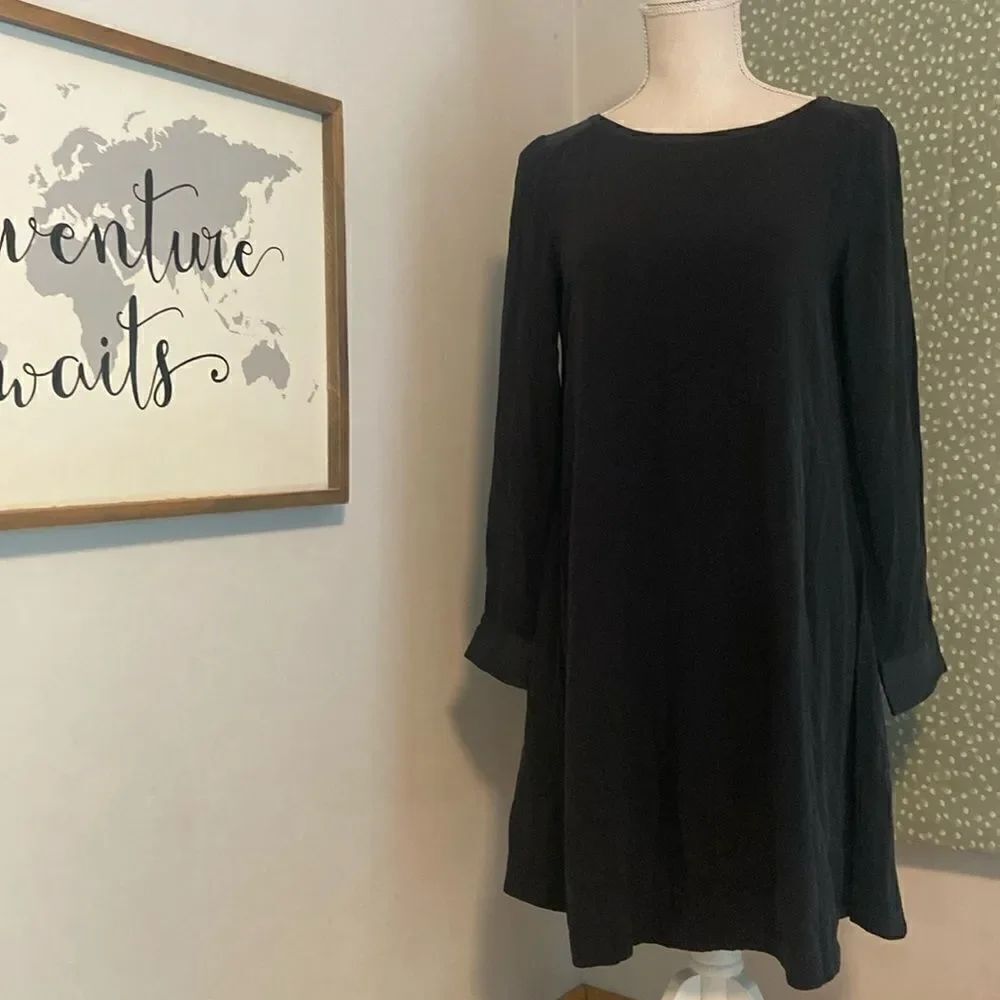Eileen Fisher Black 100% Silk Long Sleeve Lightweight Casual Chic Dress Size XS